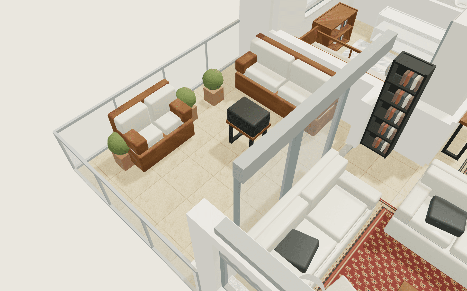 Balcony: Timber benches and sliding entrance
