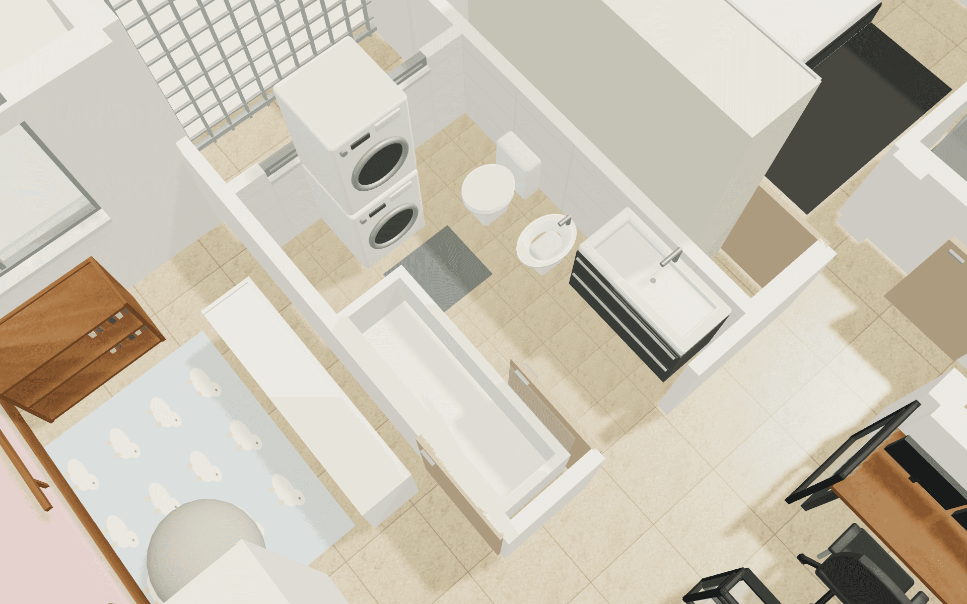 Family bathroom: Bath, vanity, toilet, bidet and laundry