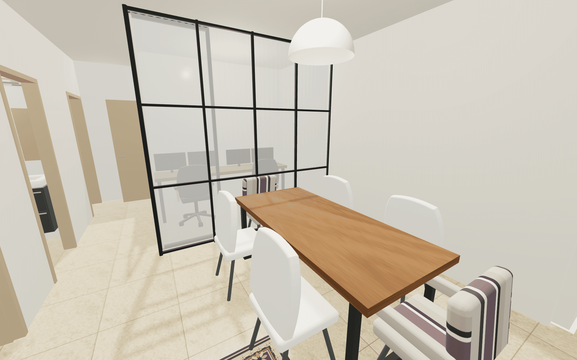 Dining & circulation: Dining table towards the glass office