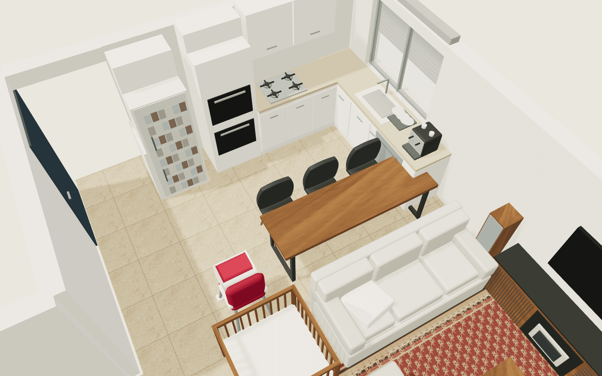 Kitchen: Straight L kitchen, breakfast table and baby chair