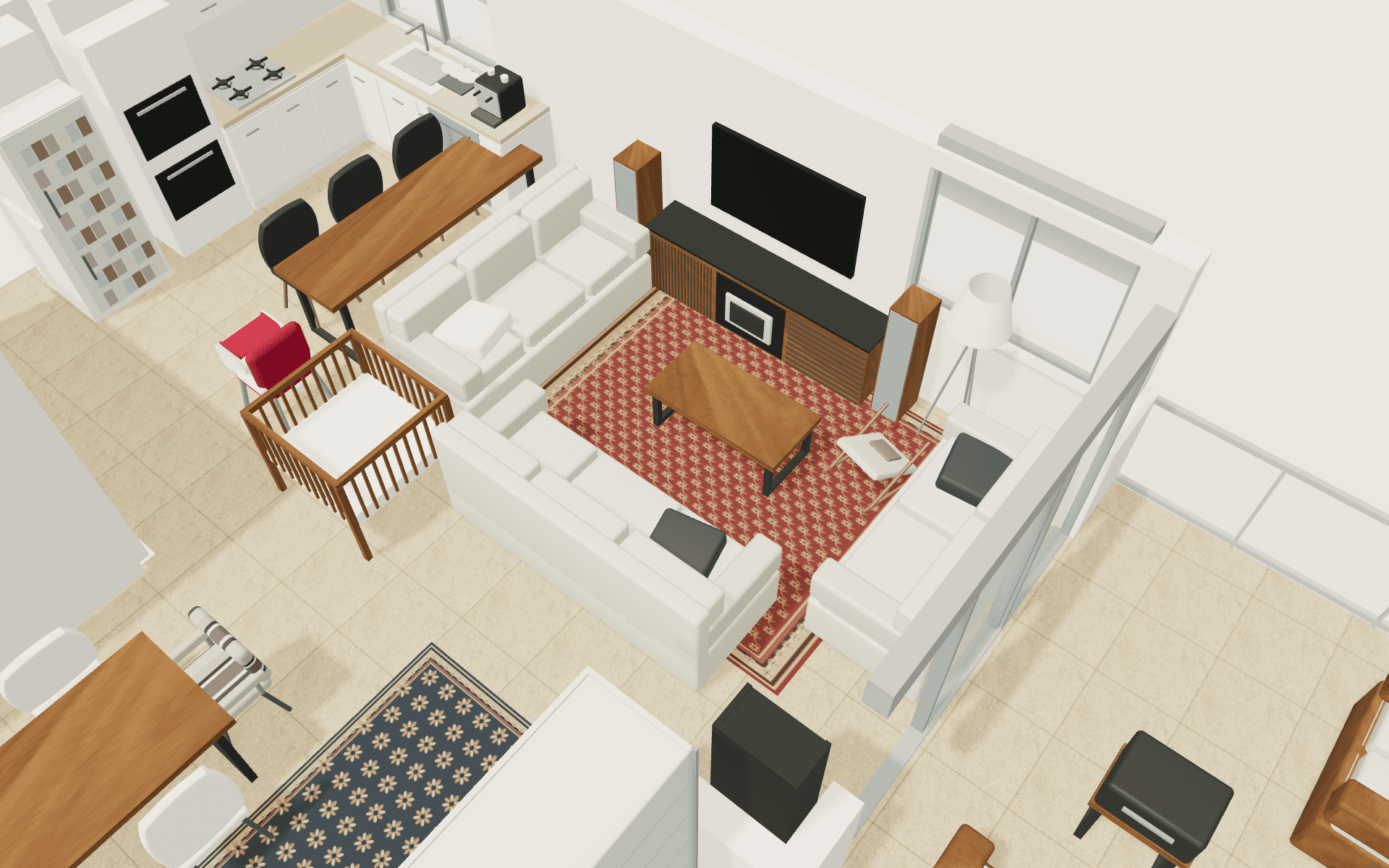 Living room: Three sofas, square timber cot and adjoining kitchen