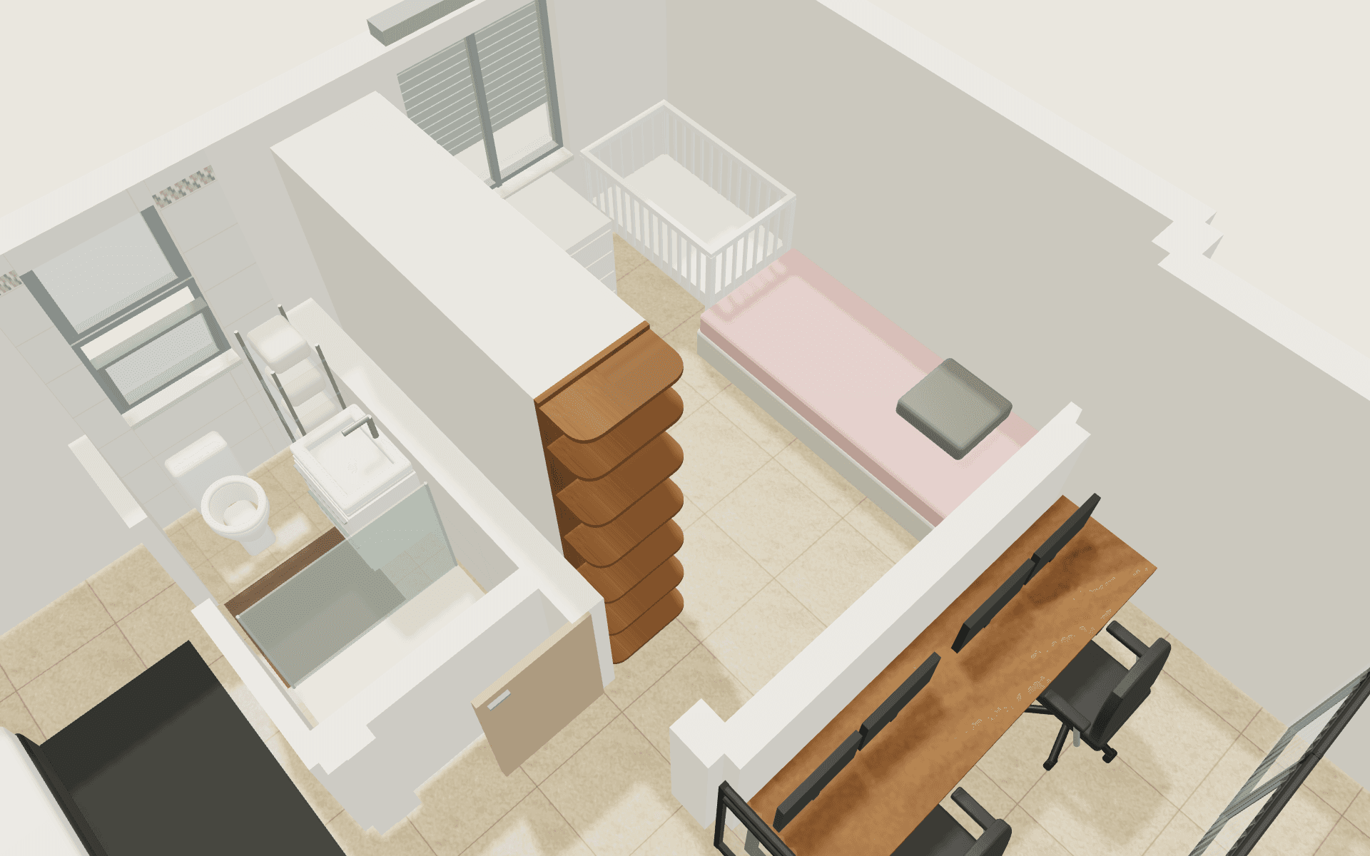 Millie’s bedroom / safe room: Clear entrance and rounded wardrobe end